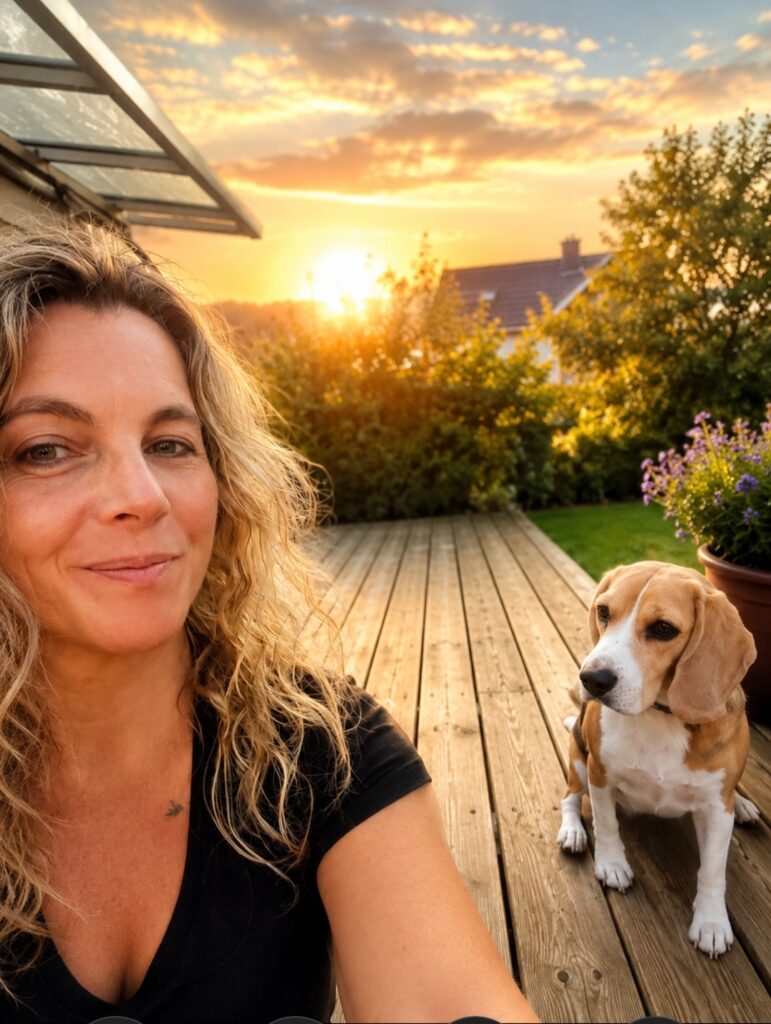 Sonnenaufgang - Sandra Locher privat mit Beagle Karlotta zu Hause auf der Terrasse