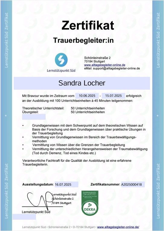 Ausbildung Trauerbegleitung DEKRA Sandra Locher